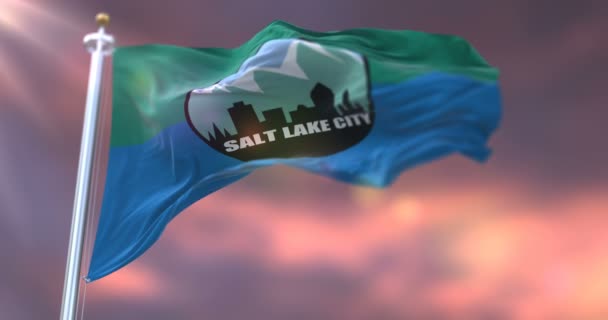 Flagga Salt Lake Vid Solnedgången Staden Utah Usa Loop — Stockvideo
