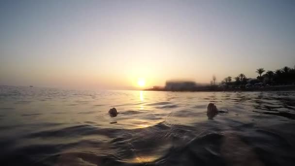 Pływanie Spokojnej Plaży Zachodzie Słońca Lecie Widok Pierwszą Osobę — Wideo stockowe