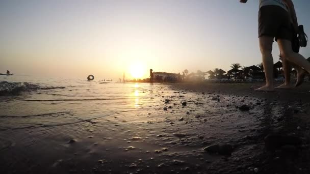 日没時に浜辺を歩く人々 — ストック動画