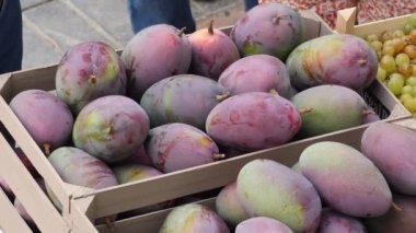 Mango meyveleri, açık hava pazarında tahta kutularda.