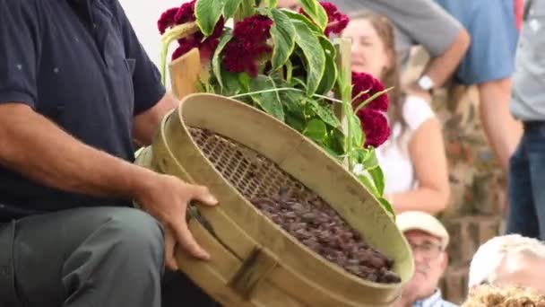 Agricultor Peneirando Passas Com Uma Peneira Uma Exposição — Vídeo de Stock