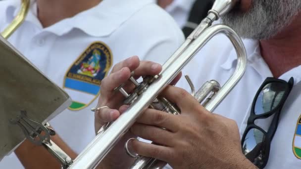 Músico Tocando Trompeta Una Banda Música Calle — Vídeo de stock