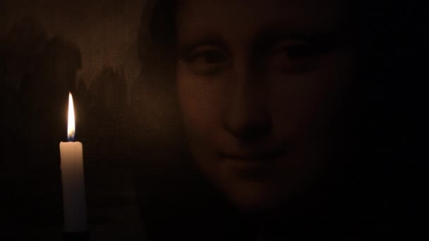 Ansiktet Gioconda Mona Lisa Belyst Med Ett Ljus — Stockvideo