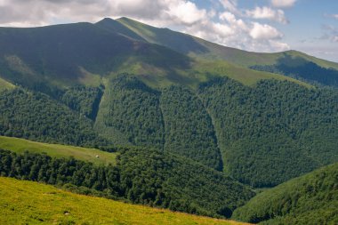 Güzel dağlar ve Karpatlar mavi gökyüzünde. Ukrayna.
