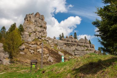 Tustan Kalesi - arkeolojik ve doğal anıt ulusal önem, popüler turistik dönüm noktası. Urych, Karpat Dağları, Ukrayna.