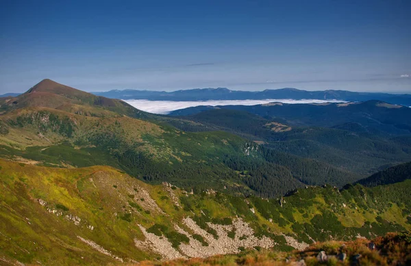 Piękne Góry Błękitne Niebo Karpatach Ukraina — Zdjęcie stockowe
