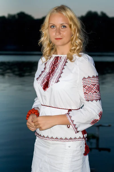 Vacker Flicka Nationella Ukrainska Broderi Skjorta Och Krans Vilda Blommor — Stockfoto