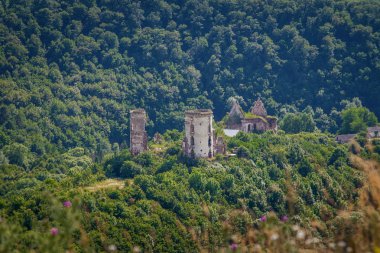 (Nyrkiv Köyü, Ternopil bölgesi, Ukrayna doğal görünümü Chervonohorod kalesi kalıntıları)