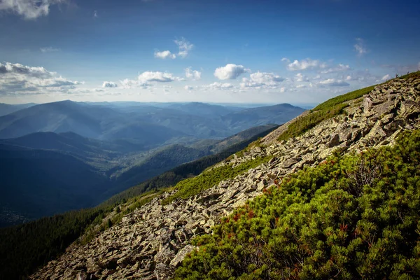 Güzel dağlar ve Karpatlar mavi gökyüzünde. Ukrayna
