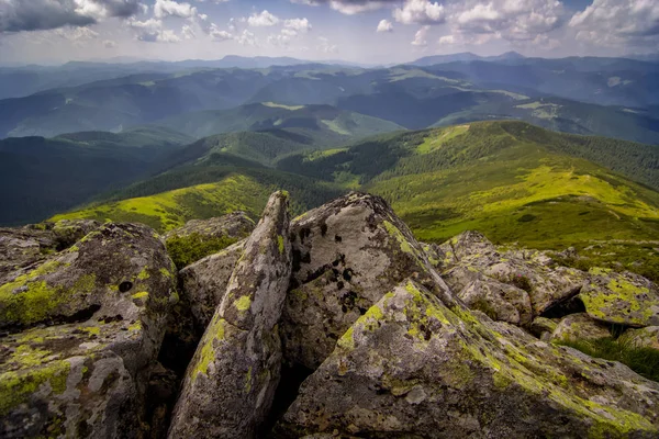 Güzel dağlar ve Karpatlar mavi gökyüzünde. Ukrayna.