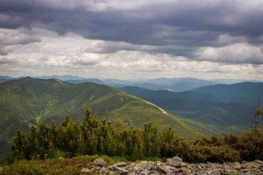 Güzel dağlar ve Karpatlar mavi gökyüzünde. Ukrayna