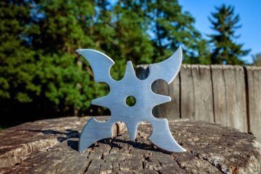 Shuriken (fırlatma yıldızı), geleneksel Japon Ninja soğuk silahı ahşap arka planda sıkışmış