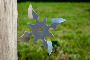 Shuriken (fırlatma yıldızı), geleneksel Japon Ninja soğuk silahı ahşap arka planda sıkışmış