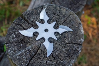 Shuriken (fırlatma yıldızı), geleneksel Japon Ninja soğuk silahı ahşap arka planda sıkışmış