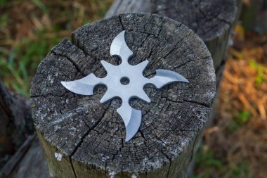 Shuriken (fırlatma yıldızı), geleneksel Japon Ninja soğuk silahı ahşap arka planda sıkışmış