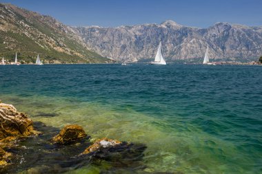 Güneşli Akdeniz manzara. Karadağ, Kotor Körfezi