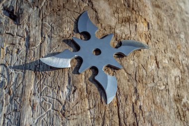 Shuriken (fırlatma yıldızı), geleneksel Japon Ninja soğuk silahı ahşap arka planda sıkışmış