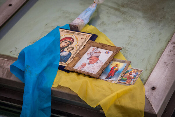 Kiev. Ukraine. December 19, 2013. Icons and amulets on the barricades of EuroMaidan