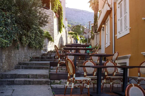 Tables in the narrow streets of the old city