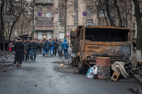 Kiev Ukrajna Február 2014 Autók Égett Város Utcáin Melynek Során — Stock Fotó