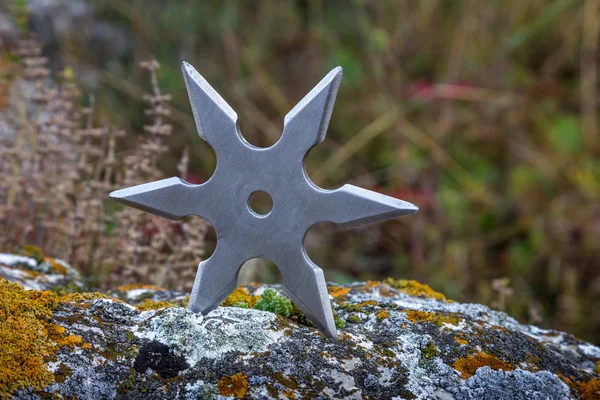 Shuriken (throwing star), traditional japanese ninja cold weapon stuck in wooden background.