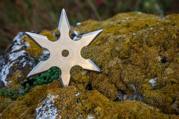 Shuriken Wurfstern Traditionelle Japanische Ninja Kaltwaffe Die Hölzernen Hintergrund Steckt — Stockfoto