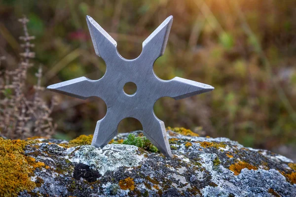 Shuriken Wurfstern Traditionelle Japanische Ninja Kaltwaffe Die Hölzernen Hintergrund Steckt — Stockfoto