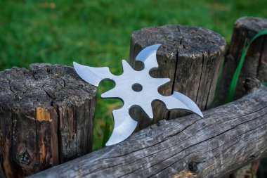Shuriken (fırlatma yıldızı), geleneksel Japon Ninja soğuk silahı ahşap arka planda sıkışmış