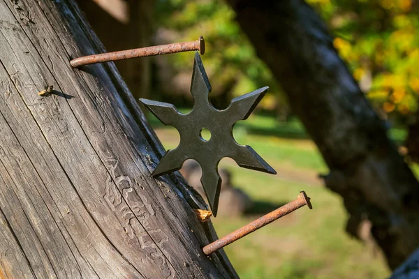 Shuriken Wurfstern Traditionelle Japanische Ninja Kaltwaffe Die Hölzernen Hintergrund Steckt — Stockfoto