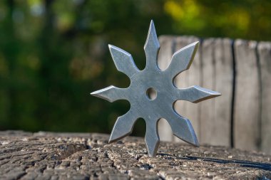 Shuriken (fırlatma yıldızı), geleneksel Japon Ninja soğuk silahı ahşap arka planda sıkışmış