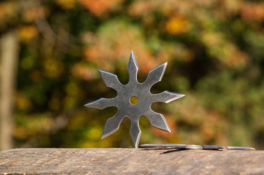 Shuriken (fırlatma yıldızı), geleneksel Japon Ninja soğuk silahı ahşap arka planda sıkışmış