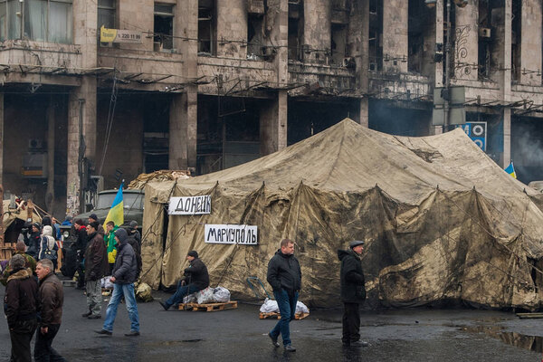 Kiev Ukraine. February 23, 2014. The central street of the city after the storming of the barricades during the EuroMaidan