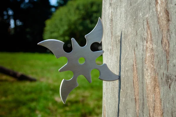 Shuriken (throwing star), traditional japanese ninja cold weapon stuck in wooden background