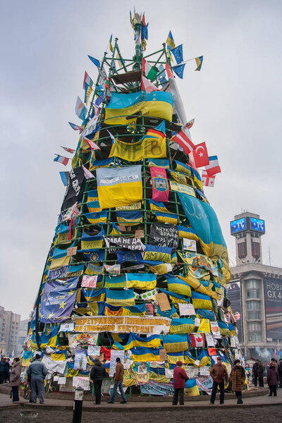 Kiev. Ukraine. December 19, 2013. Central street of the city with barricades during EuroMaydan.