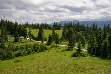 Güzel dağlar ve Karpatlar mavi gökyüzünde. Ukrayna