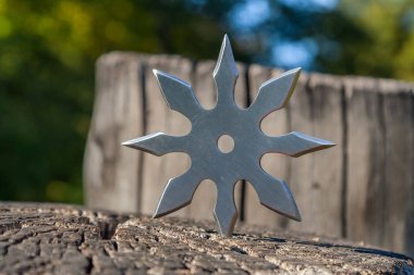 Shuriken (fırlatma yıldızı), geleneksel Japon Ninja soğuk silahı ahşap arka planda sıkışmış