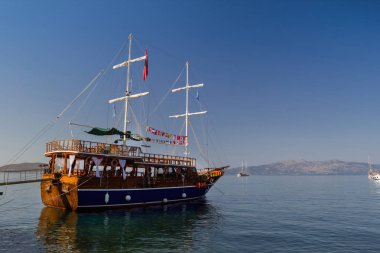 Albania. Saranda - July 16, 2018. Ship in the city port on a sunny day