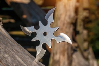 Shuriken (fırlatma yıldızı), geleneksel Japon Ninja soğuk silahı ahşap arka planda sıkışmış