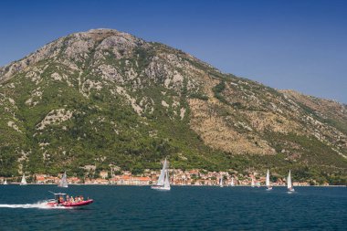 Güneşli Akdeniz manzara. Karadağ, Kotor Körfezi. 