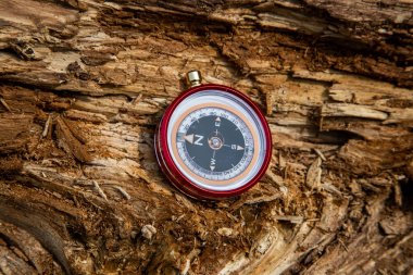 Açık havada ahşap bir doku üzerinde Turist pusula