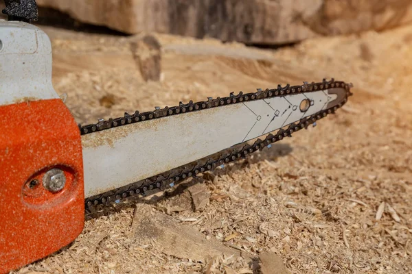 Steel chain chainsaw. sawing firewood outdoors.