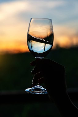 Gün batımında üzüm bağlarının üzerinde bir bardak şarapla..