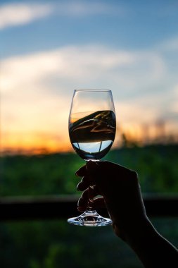 Gün batımında üzüm bağlarının üzerinde bir bardak şarapla..