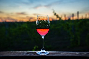 Gün batımında üzüm bağlarının üzerinde bir kadeh şarap..