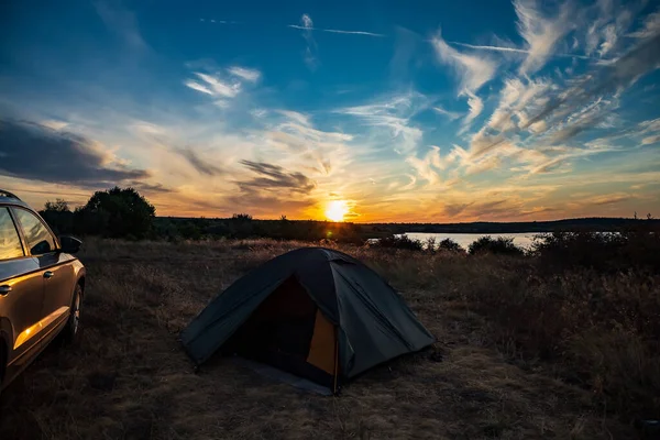 Beautiful Sunset Tourist Tent Car Summer — Stock Photo, Image