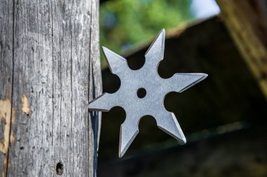 Shuriken (fırlatma yıldızı), geleneksel Japon Ninja soğuk silahı ahşap arka planda sıkışmış