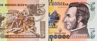 Honduras 'lı Banknote 5 Lempiras. Tasarımcılar için parça. Honduras 'ın kağıt parası..