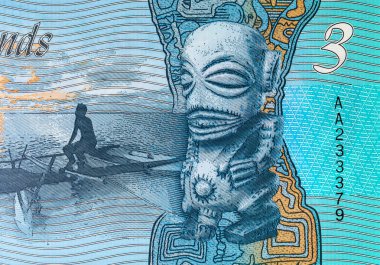Cook Adaları 'ndan Tangaroa (denizin tanrısı) ve bir adam ve kanosunun resmiyle 3 dolarlık banknot. Cook Adalarının Polimer parası