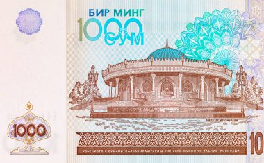 Taşkent 'teki Amir Timur Müzesi' nin resmiyle 1000 Som Özbekistan. Özbekistan 'ın Parası.