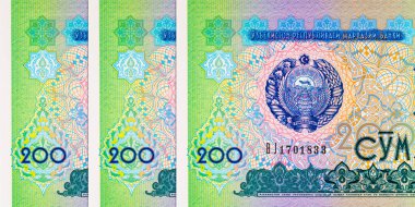200 Som Özbekistan, Özbekistan arması, ulusal süsler ve sekizgen yıldızlar. Özbekistan 'ın Parası.